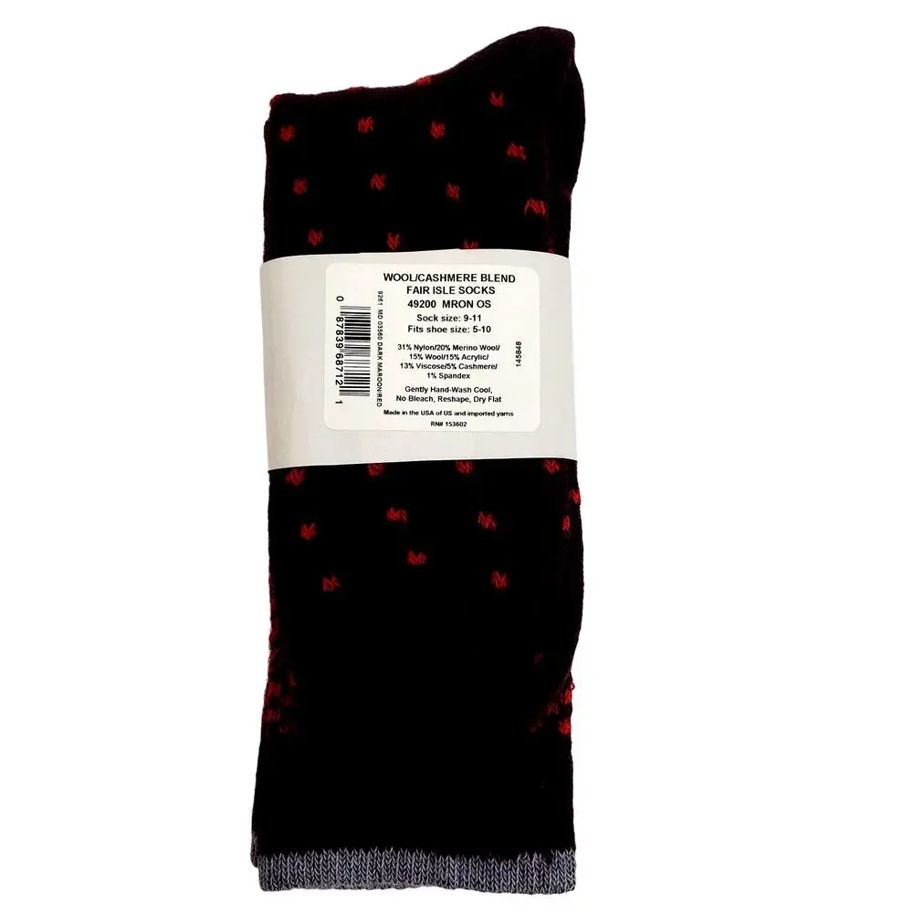 Garnet Hill Fair Isle Socks Sz 9-11 Warm Wool Cashmere Blend Crew Dk Maroon Red